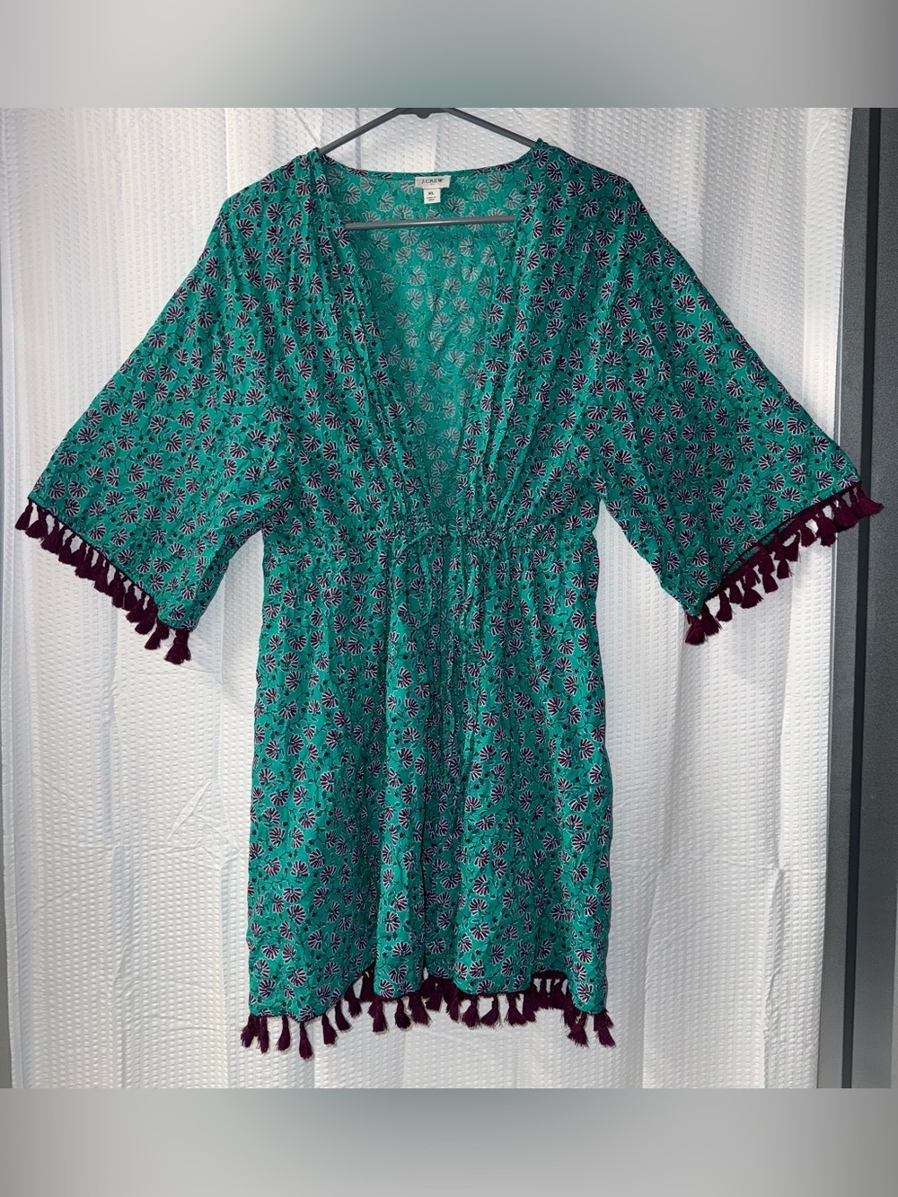 J.Crew Green Purple Floral Tassel Trim Cover-Up Tunic Size XL
